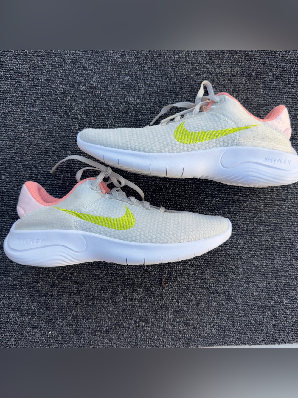 Nike Flex Women's Light Gray Running Shoes with Neon Yellow Swoosh Size 9